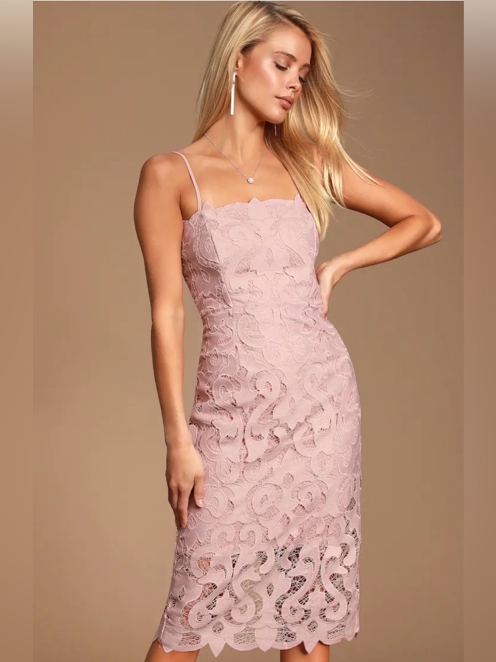 Bardot Size 6 Lina Pink Lace Lined Midi Dress NWT w/Adjustable Straps, Back Slit